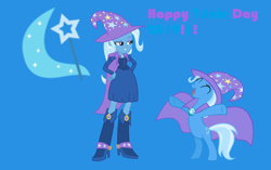 Size: 1416x888 | Tagged: safe, artist:swiftgaiathebrony, derpibooru import, trixie, pony, unicorn, equestria girls, blue coat, female, horn, mare, solo, two toned mane