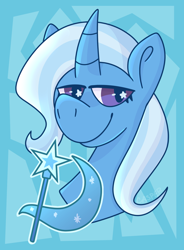 Size: 1322x1792 | Tagged: safe, artist:onyxmonarchy, derpibooru import, trixie, pony, unicorn, bust, cutie mark, lidded eyes, looking at you, smiling, smug, solo, wide smile