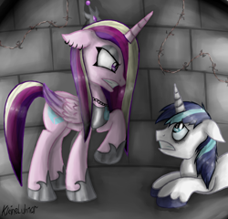 Size: 1250x1200 | Tagged: safe, artist:kleineluhnar, princess cadance, shining armor, alicorn, pony, unicorn, dark mirror universe, evil cadance, mirror universe