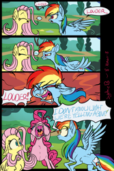 Size: 1356x2025 | Tagged: safe, artist:xenon, fluttershy, pinkie pie, rainbow dash, earth pony, pegasus, pony, sonic rainboom (episode), anchorman, comic, eyes closed, female, mare, pinkie being pinkie, yay