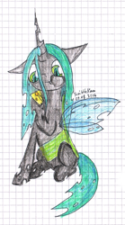 Size: 1024x1845 | Tagged: safe, artist:scribblestorm, queen chrysalis, changeling, changeling queen, cheese, cute, cutealis, solo, traditional art