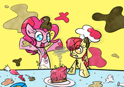 Size: 1277x899 | Tagged: safe, artist:lemon-heartss, apple bloom, pinkie pie, earth pony, pony, apron, baking, cake, chef's hat, clothes, hat