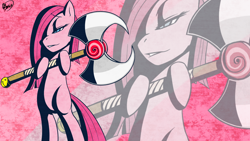 Size: 1920x1080 | Tagged: safe, artist:florecentmoo, pinkie pie, earth pony, pony, pinkamena diane pie, wallpaper, weapon, zoom layer