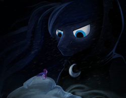 Size: 1800x1400 | Tagged: safe, artist:taneysha, princess luna, snowfall frost, starlight glimmer, alicorn, pony, blizzard, cloak, clothes, epic, snow, snowfall, spirit of hearth's warming yet to come, you dun goofed