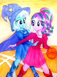 Size: 2320x3094 | Tagged: safe, artist:liaaqila, derpibooru import, starlight glimmer, trixie, equestria girls, ball, basketball, boots, cape, clothes, dress, fall formal outfits, hat, high heel boots, playing, shoes, sports, traditional art, trixie's cape, trixie's hat