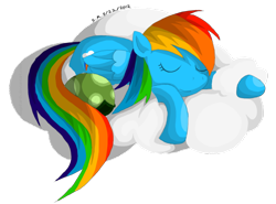 Size: 900x666 | Tagged: safe, artist:tierraverde, rainbow dash, tank, pegasus, pony, tortoise, cloud, eyes closed, female, mare, on a cloud, sleeping, solo