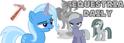 Size: 1000x350 | Tagged: safe, artist:luckreza8, derpibooru import, limestone pie, marble pie, trixie, earth pony, pony, unicorn, banner, equestria daily, pickaxe, statue, trixie day