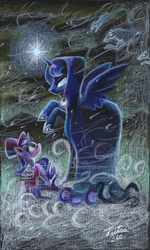 Size: 1024x1703 | Tagged: safe, artist:tsitra360, princess luna, snowfall frost, starlight glimmer, alicorn, pony, a hearth's warming tail, blizzard, cloak, clothes, duo, glasses, glowing eyes, glowing horn, hat, scene interpretation, signature, snow, snowfall, spirit of hearth's warming yet to come, top hat, traditional art