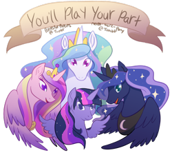 Size: 1280x1166 | Tagged: safe, artist:ambris, artist:poniesforparents, princess cadance, princess celestia, princess luna, twilight sparkle, twilight sparkle (alicorn), alicorn, pony, alicorn tetrarchy, encouragement, female, mare, open mouth, positive message, simple background, singing, smiling, spread wings, transparent background, you'll play your part