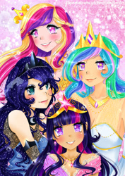 Size: 2480x3507 | Tagged: safe, artist:monicherrie, princess cadance, princess celestia, princess luna, twilight sparkle, twilight sparkle (alicorn), alicorn, human, alicorn tetrarchy, big crown thingy, eye sparkles, humanized, jewelry, regalia, smiling, wingding eyes