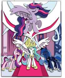 Size: 860x1035 | Tagged: safe, artist:the-paper-pony, princess cadance, princess celestia, princess luna, twilight sparkle, twilight sparkle (alicorn), alicorn, pony, twilight's kingdom, alicorn tetrarchy, eyes closed, female, magic, mare, papercraft, scene interpretation, wip