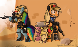 Size: 830x507 | Tagged: safe, artist:kiyoshiii, applejack, fluttershy, rainbow dash, earth pony, pegasus, pony, bipedal, ponies with guns, weapon