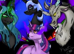 Size: 1100x800 | Tagged: dead source, safe, artist:ooxkatiekatxoo, discord, king sombra, nightmare moon, queen chrysalis, twilight sparkle, changeling, changeling queen, pony, unicorn, corrupted, dark twilight sparkle, sombra eyes