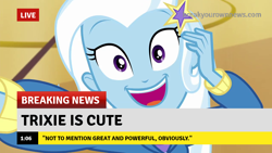 Size: 1280x720 | Tagged: safe, derpibooru import, edit, edited screencap, editor:someguy845, screencap, trixie, better together, do it for the ponygram!, equestria girls, barrette, break your own news, breaking news, canterlot high, captain obvious, caption, clothes, cute, diatrixes, female, gym, happy, hoodie, image macro, looking at you, meme, open mouth, selfie, smiling, suddenly trixie, text, trixie is cute, trixie yells at everything