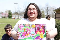 Size: 1600x1066 | Tagged: safe, pinkie pie, rarity, chipmunk, human, brony, brony of happiness, brony stereotype, brushable, friendship express, glasses, hub logo, hubble, irl, irl human, neckbeard, photo, stereotype, toy, train