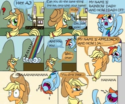 Size: 1035x857 | Tagged: safe, artist:cgeta, applejack, rainbow dash, earth pony, pegasus, pony, comic, crying, funny, laughing, tears of laughter, trolling