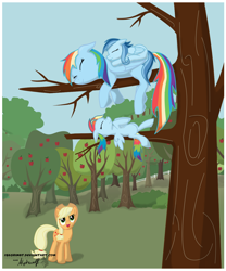 Size: 1160x1391 | Tagged: safe, artist:isegrim87, applejack, rainbow dash, oc, oc:ragtag, oc:shooting star, earth pony, pegasus, pony, female, foal, momma dash, mother, mother and child, mother and daughter, nap, offspring, parent and child, parent:rainbow dash, parent:soarin', parents:soarindash, sisters, sleeping, sweet apple acres, tree