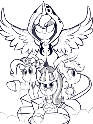 Size: 439x586 | Tagged: safe, artist:kribbles, applejack, pinkie pie, princess luna, snowfall frost, spirit of hearth's warming past, starlight glimmer, alicorn, earth pony, pony, unicorn, a hearth's warming tail, female, grayscale, looking at you, mare, monochrome, partial color, simple background, spirit of hearth's warming presents, spirit of hearth's warming yet to come, spread wings, tongue out, white background, wings