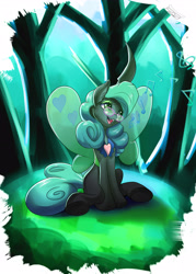 Size: 4900x6825 | Tagged: safe, artist:f-nar, queen chrysalis, reversalis, changeling, changeling queen, absurd resolution, cute, cutealis, female, glasses, happy, music notes, open mouth, open smile, singing, sitting, smiling, solo, underhoof