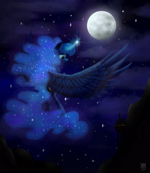 Size: 2600x3000 | Tagged: safe, artist:lol-katrina, princess luna, alicorn, pony, canterlot, flying, moon, night, solo