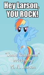 Size: 311x524 | Tagged: safe, edit, edited screencap, screencap, rainbow dash, pegasus, pony, sonic rainboom (episode), caption, image macro, m.a. larson, meme, shoutout, text