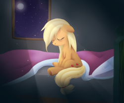 Size: 900x750 | Tagged: safe, artist:maplesunrise, applejack, earth pony, pony, bed, eyes closed, sitting, solo