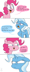 Size: 1000x2414 | Tagged: safe, artist:emositecc, derpibooru import, pinkie pie, trixie, earth pony, pony, unicorn, angry, comic, female, floppy ears, joke, mare, missing cutie mark, no pupils, open mouth, pun, shit eating grin, speech bubble, that pony sure does hate wheels, trixie is not amused, unamused