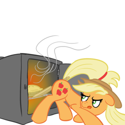 Size: 1440x1440 | Tagged: safe, artist:elslowmo, applejack, earth pony, pony, butt hold, female, food, original artist unknown, oven, pie, plot, solo, tongue out, wat