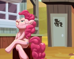 Size: 1500x1200 | Tagged: safe, artist:themotaro, pinkie pie, earth pony, pony, the last roundup, bathroom denial, crossed legs, crying, desperation, dodge junction, gritted teeth, looking up, need to pee, omorashi, outhouse, potty emergency, potty time, scene interpretation, sitting, solo, sweat