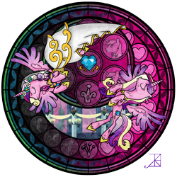 Size: 1600x1600 | Tagged: safe, artist:akili-amethyst, princess cadance, queen chrysalis, shining armor, alicorn, changeling, changeling queen, pony, unicorn, disguise, disguised changeling, dive to the heart, kingdom hearts, stained glass