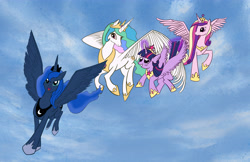 Size: 5100x3300 | Tagged: safe, artist:peichenphilip, princess cadance, princess celestia, princess luna, twilight sparkle, twilight sparkle (alicorn), alicorn, pony, alicorn tetrarchy, female, flying, looking at you, mare, open mouth, smiling, spread wings