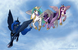 Size: 5100x3300 | Tagged: safe, artist:peichenphilip, princess cadance, princess celestia, princess luna, twilight sparkle, twilight sparkle (alicorn), alicorn, pony, alicorn tetrarchy, female, flying, looking at you, mare, open mouth, smiling, spread wings