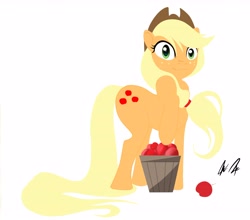 Size: 5056x4459 | Tagged: safe, artist:yjayr, applejack, earth pony, pony, absurd resolution, apple, food, raised hoof, simple background, solo