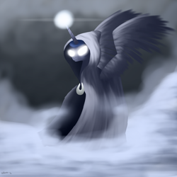 Size: 1600x1600 | Tagged: safe, artist:titan2955, princess luna, alicorn, pony, cloak, clothes, glowing eyes, magic, solo, spirit of hearth's warming yet to come, spread wings