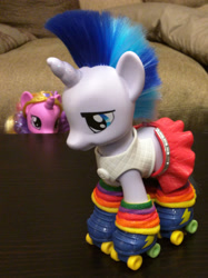 Size: 1864x2488 | Tagged: safe, princess cadance, shining armor, pony, unicorn, clothes, crossdressing, fashion style, irl, photo, rainbow, roller skates, skirt, toy