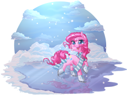 Size: 1318x988 | Tagged: safe, artist:kittehkatbar, pinkie pie, earth pony, pony, blushing, clothes, cloud, cute, diapinkes, ice, ice skates, ice skating, scarf, simple background, snow, solo, transparent background, winter