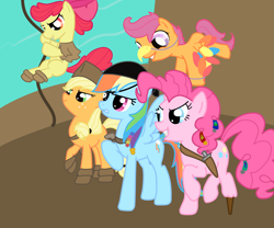 Size: 1200x1000 | Tagged: safe, artist:otterlore, apple bloom, applejack, pinkie pie, rainbow dash, scootaloo, earth pony, pegasus, pony, amputee, peg leg, pirate, prosthetic leg, prosthetic limb, prosthetics