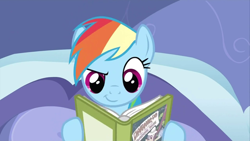 Size: 640x360 | Tagged: safe, screencap, rainbow dash, pegasus, pony, read it and weep, book, reading
