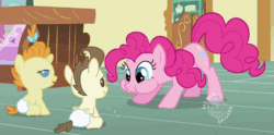 Size: 820x406 | Tagged: safe, screencap, pinkie pie, pound cake, pumpkin cake, earth pony, pony, baby cakes, animated, babies, baby eyes, baby ponies, diaper, diapered, diapered colt, diapered filly, diapered foals, happy, happy babies, hub logo, one month old colt, one month old filly, one month old foals, puffy cheeks, raspberry, tongue out, white diapers