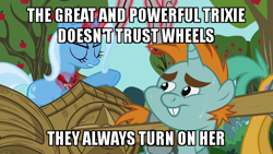 Size: 640x360 | Tagged: safe, derpibooru import, edit, edited screencap, screencap, snails, snips, trixie, pony, unicorn, magic duel, alicorn amulet, amulet, apple, apple tree, bucktooth, bullwhip, caption, chariot, colt, don't trust wheels, eyes closed, female, frown, glowing horn, gritted teeth, harness, horn, image macro, jewelry, joke, levitation, looking back, magic, male, mare, meme, pulling, pun, slavery, sweat, tack, telekinesis, text, that pony sure does hate wheels, tired, tree, trixie yells at everything, whip, whipping
