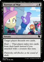 Size: 375x523 | Tagged: safe, derpibooru import, edit, fluttershy, pinkie pie, sunset shimmer, trixie, better together, equestria girls, holidays unwrapped, ccg, clothes, jacket, magic the gathering, mittens, shell shock, snow, trading card, trading card edit