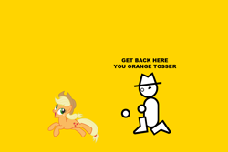 Size: 1500x1000 | Tagged: safe, applejack, earth pony, human, pony, chase, cute, female, hat, jackabetes, looking back, mare, mismatched eyes, open mouth, running, simple background, smiling, wallpaper, wide eyes, yahtzee, yellow background, zero punctuation