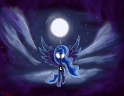 Size: 3300x2550 | Tagged: safe, artist:definisher, princess luna, alicorn, pony, glowing eyes, moon, night, solo, spread wings