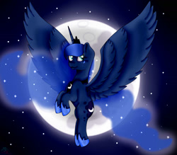 Size: 1700x1490 | Tagged: safe, artist:thewhitedemonwolf, princess luna, alicorn, pony, flying, moon, night, solo, stars