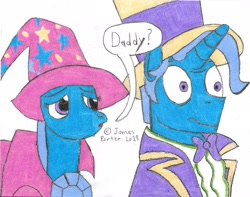 Size: 2144x1691 | Tagged: safe, artist:rock-raider, derpibooru import, jack pot, trixie, pony, unicorn, father and child, father and daughter, female, male, parent and child, traditional art