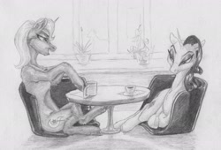 Size: 2991x2036 | Tagged: safe, artist:joestick, derpibooru import, rarity, trixie, pony, unicorn, female, lesbian, mare, monochrome, rarixie, shipping, traditional art