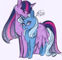 Size: 568x546 | Tagged: safe, artist:kittii-kat, derpibooru import, princess twilight 2.0, trixie, twilight sparkle, twilight sparkle (alicorn), alicorn, pony, unicorn, the last problem, blushing, cropped, dialogue, female, hug, lesbian, mare, older, older trixie, shipping, twixie, winghug