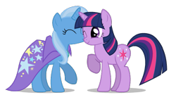 Size: 613x356 | Tagged: safe, artist:mixermike622, derpibooru import, trixie, twilight sparkle, unicorn twilight, pony, unicorn, cape, clothes, female, lesbian, mare, one eye closed, raised hoof, shipping, simple background, transparent background, trixie's cape, twixie, wink