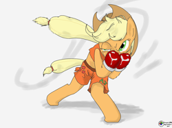 Size: 2592x1936 | Tagged: safe, artist:flowersimh, applejack, earth pony, pony, semi-anthro, applejack dempsey, boxing, dempsey roll, hajime no ippo, jack dempsey, pun, solo