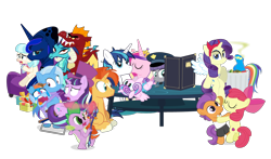Size: 1100x647 | Tagged: safe, artist:dm29, apple bloom, boulder (pet), coco pommel, garble, maud pie, princess cadance, princess ember, princess flurry heart, princess luna, rainbow dash, rarity, shining armor, snowfall frost, spike, starlight glimmer, sunburst, tender taps, trixie, alicorn, dragon, pegasus, pony, unicorn, a hearth's warming tail, gauntlet of fire, newbie dash, no second prances, on your marks, the crystalling, the gift of the maud pie, the saddle row review, angel rarity, backwards cutie mark, beach chair, clothes, cold, crossing the memes, cutie mark, dancing, devil rarity, emble, female, filly, garble's hugs, hat, hearth's warming, male, mare, meme, menu, now you're thinking with portals, portal, present, rainbow trash, shipping, simple background, sofa, spirit of hearth's warming yet to come, straight, tenderbloom, the cmc's cutie marks, the meme continues, the story so far of season 6, this isn't even my final form, top hat, transparent background, trash can, wonderbolts uniform